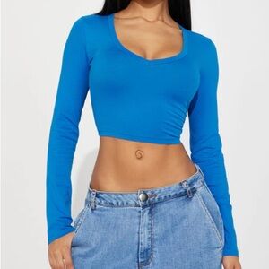 Blue V Neck Long Sleeve Crop Top